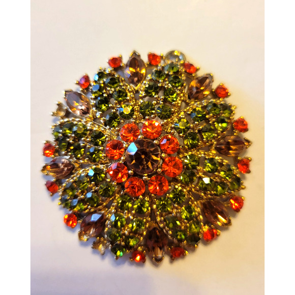 Estate Jewelry - Vintage Estate Pendant 2" Brown Orange Green Glass Rhinestone Dome Shape Jewelry